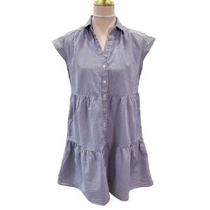 LOFT Blue & White Striped Button Up Tiered Dress - Size Petite Small